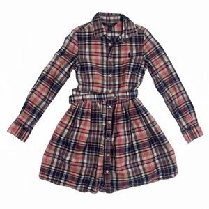 Polo Ralph Lauren Girl's Size 8 Plaid Pink Navy Long Sleeve Mini Shirt Dress EUC